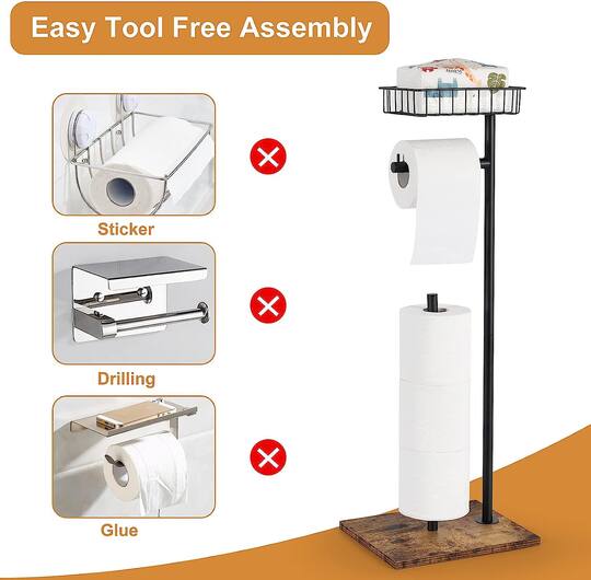 Black Freestanding Toilet Paper Holder Stand with Basket
